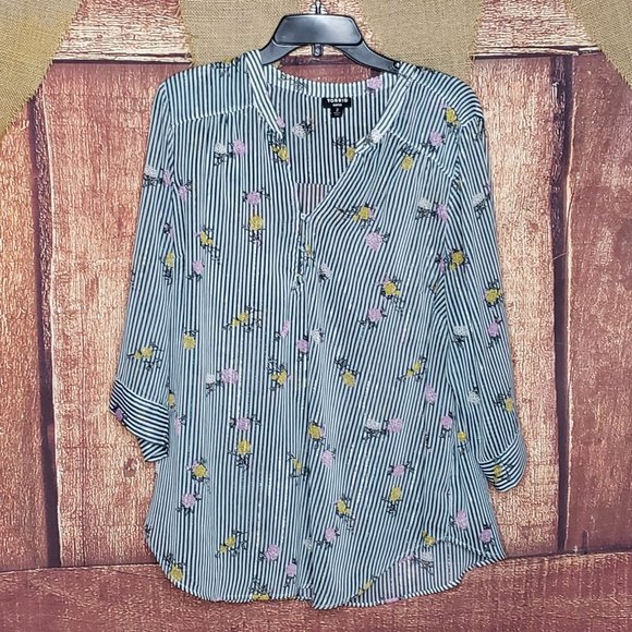 LIKE NEW TORRID HARPER SPARKLY GREEN FLORAL BUTTON UP STRIPE BLOUSE - Picture 4 of 11